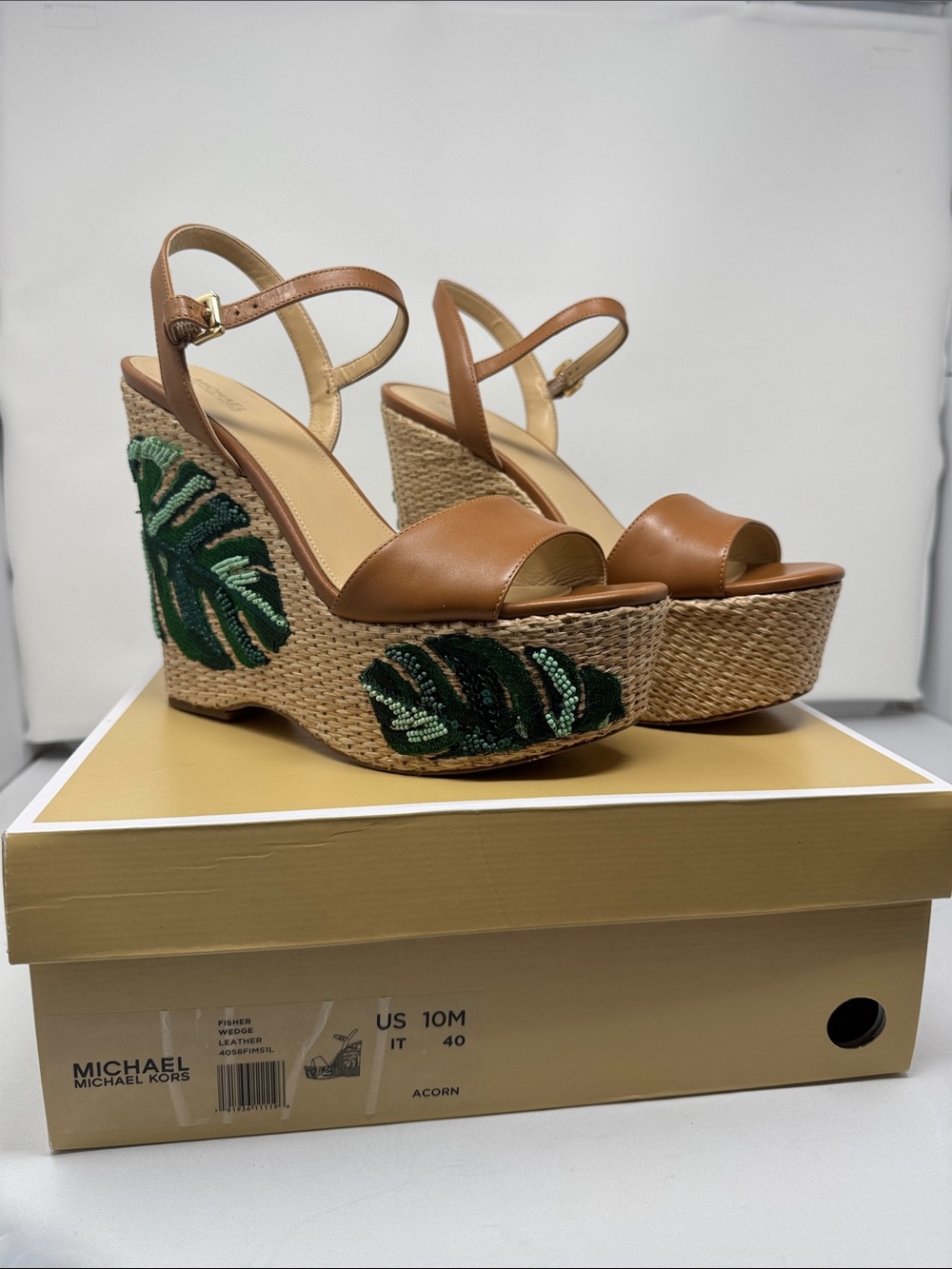 Michael Kors Acorn Brown Leather Raffia Wedge Sandals with Green Leaf Embroidery